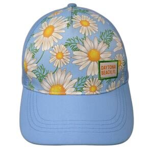 Lucky 7 Baseball Cap Blue White Daisy Floral Daytona Beach OS Cotton Hat